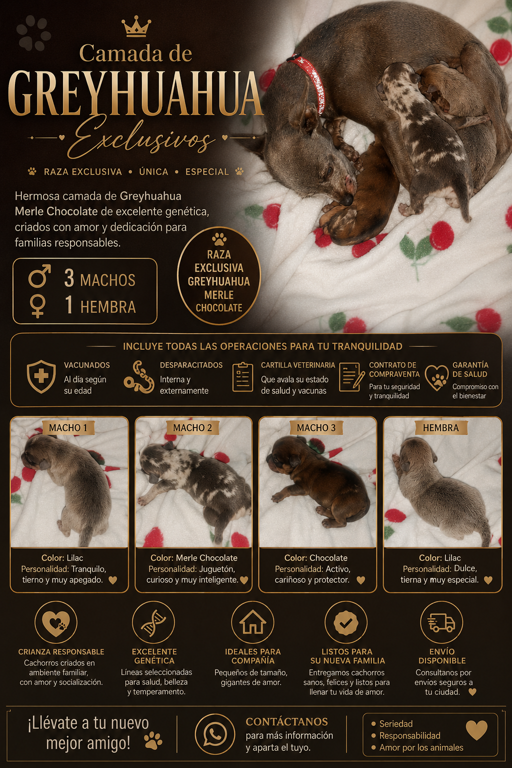 Camada de Greyhuahua Merle macho blue hembra chocolate Merle y dos machos blue fraw desde 450€a 600€ los Merle